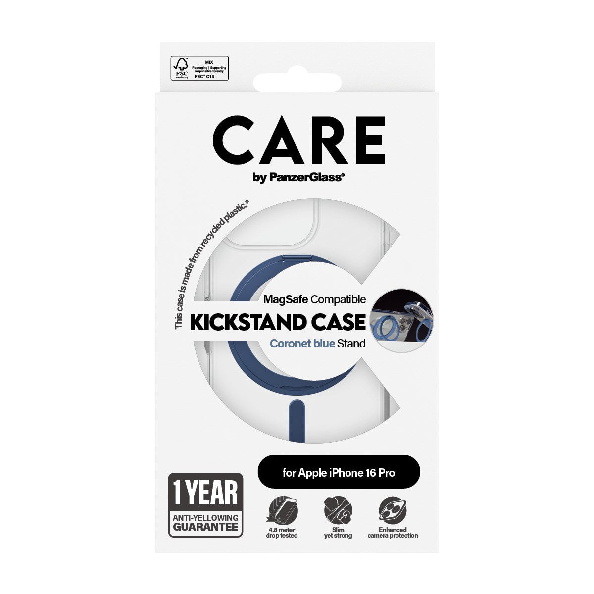 PanzerGlass CARE – Backcover – für Apple iPhone 16 Pro – blau/transparent – MagSafe kompatibel, mit Standfuss
