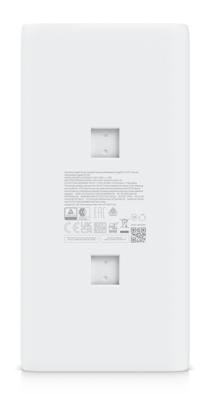 Ubiquiti PoE Injector – 10 Gbit/s, PoE+++, 90 W, 2× RJ-45 – Wandmontage, Überspannungsschutz – Weiss