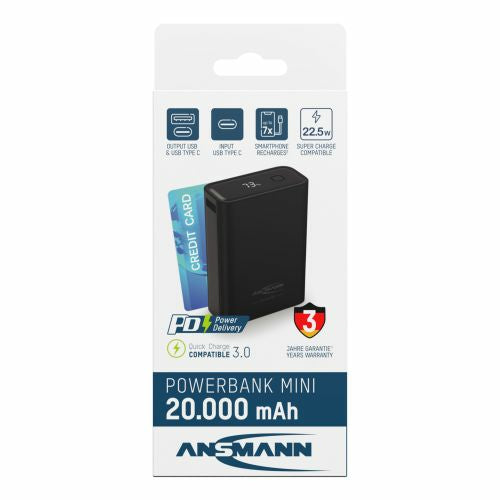 Ansmann PB222PD Powerbank 20'000 mAh – 22,5 W PD, 1× USB-C, 1× USB-A, schwarz