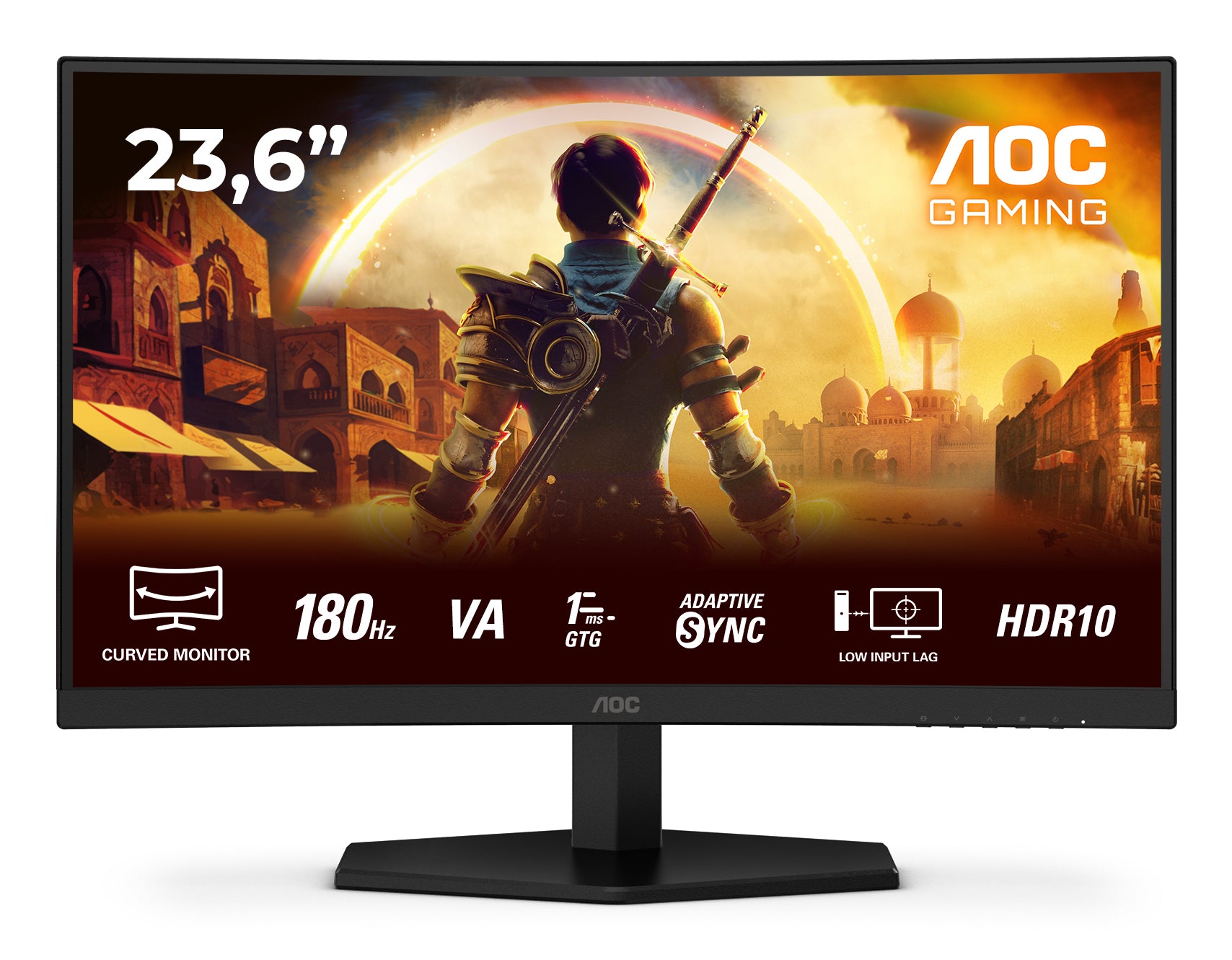 AOC C24G42E – Monitor, 23,6", VA, 180 Hz, 250 cd/m², Gebogen, Adaptive Sync, Lautsprecher, Schwarz