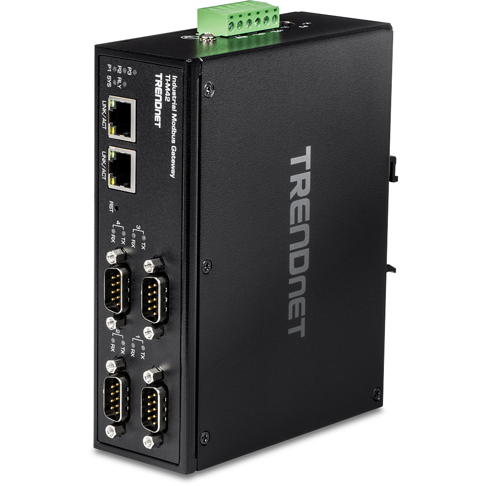 TRENDnet TI-M42 Modbus-Gateway RS-232/422/485 zu Ethernet – 4× DB-9, 2× RJ-45 10/100 Mbit/s, 50–921,6 kbit/s