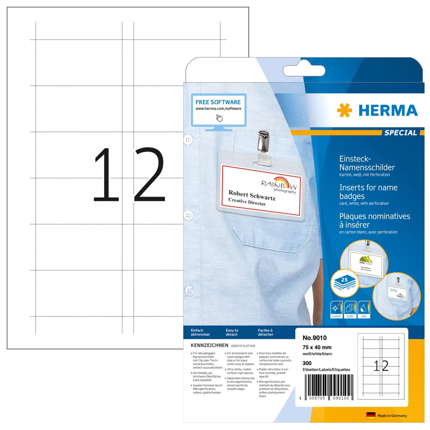 HERMA Druckkarten 75 × 40 mm, 170 g/m², weiss, Papier – für Inkjet, Laser, Kopierer – 300 Karten