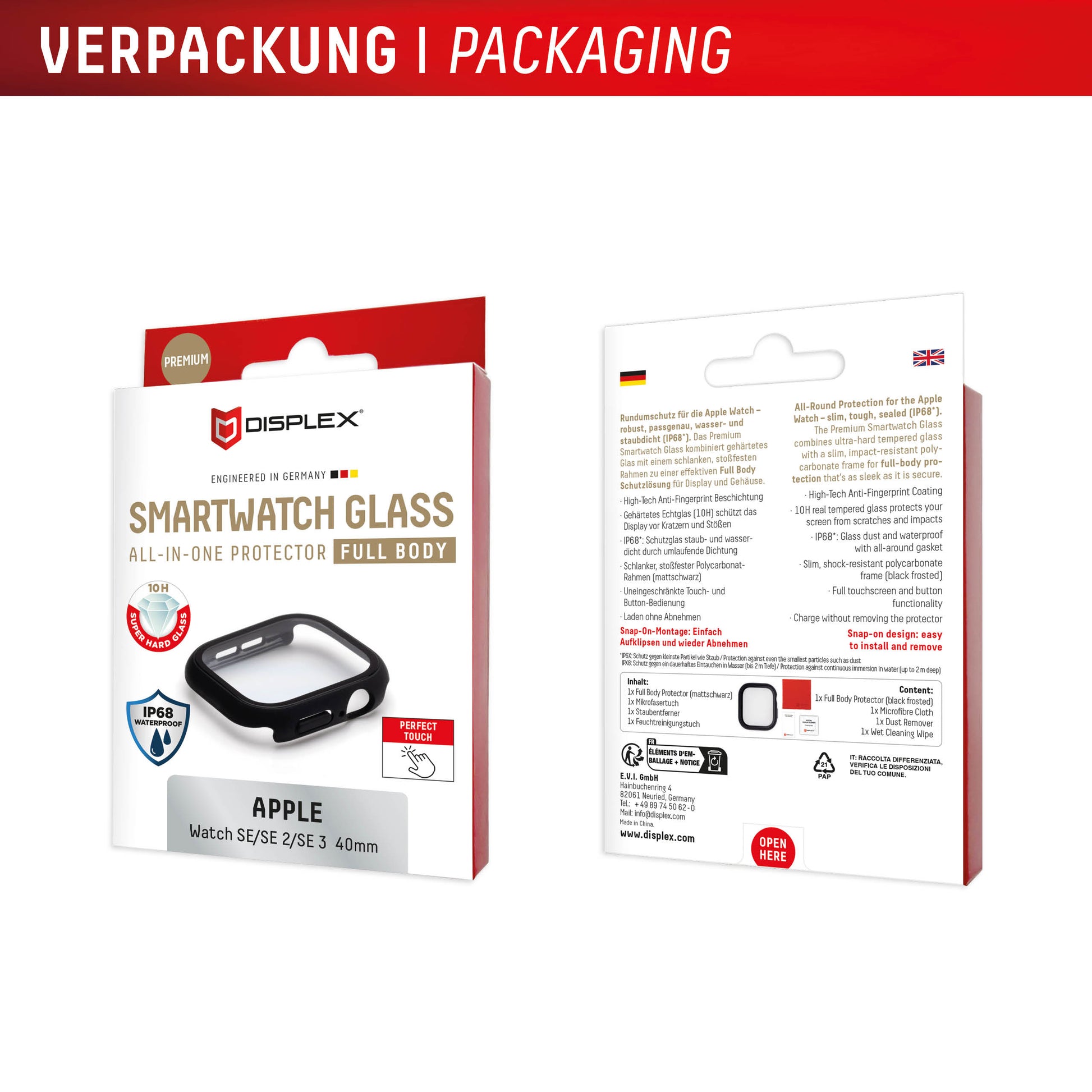 Displex 40 mm – Polycarbonat & Gehärtetes Glas, Schwarz, für Apple Watch SE3/SE2/SE