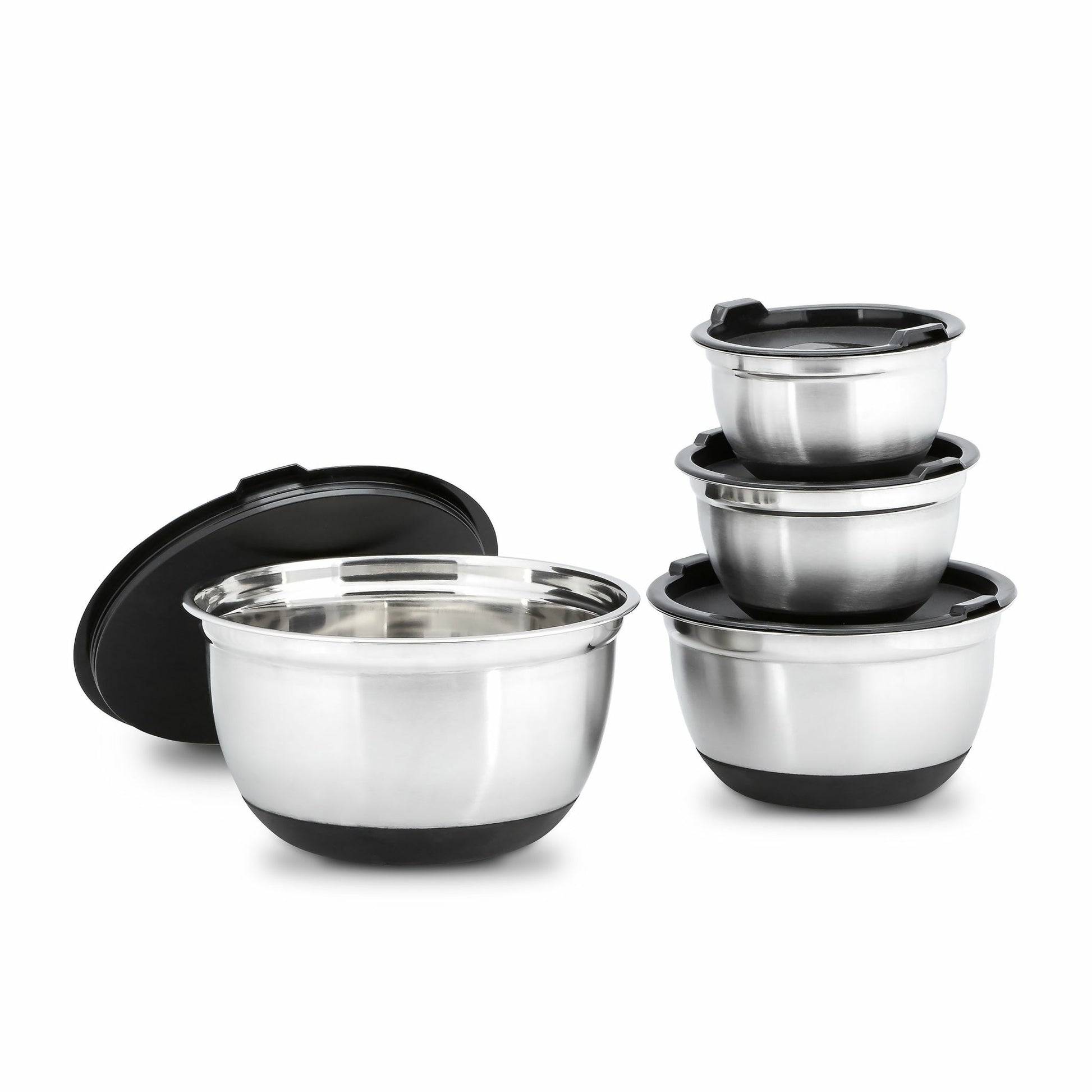 Relaxdays Schüsseln – 4-teiliges Set, 0,8/1/2/3,5 l, Ø 15,5–25,5 cm, Edelstahl, Schwarz/Silber, mit Deckel