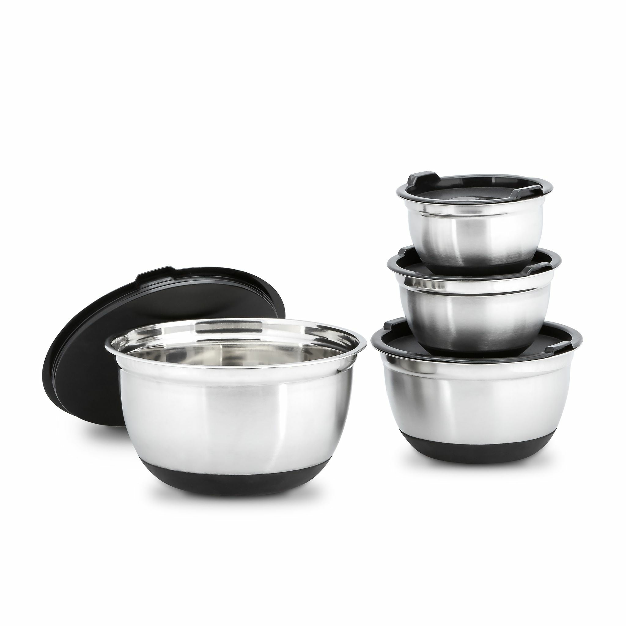 Relaxdays Schüsseln – 4-teiliges Set, 0,8/1/2/3,5 l, Ø 15,5–25,5 cm, Edelstahl, Schwarz/Silber, mit Deckel