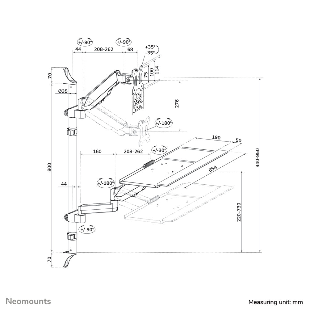 Neomounts WL90-325BL1 – Wandhalterung, bis 32", 1–9 kg, Gasfeder, Tastatur- & Mausplatte, Schwarz