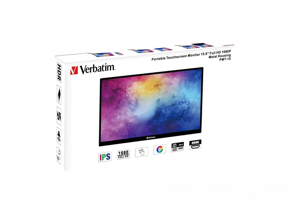 Verbatim Portabler Monitor, 15,6", 1920 × 1080 (Full HD), IPS, Touch, 60 Hz, 250 cd/m², USB-C, Schwarz