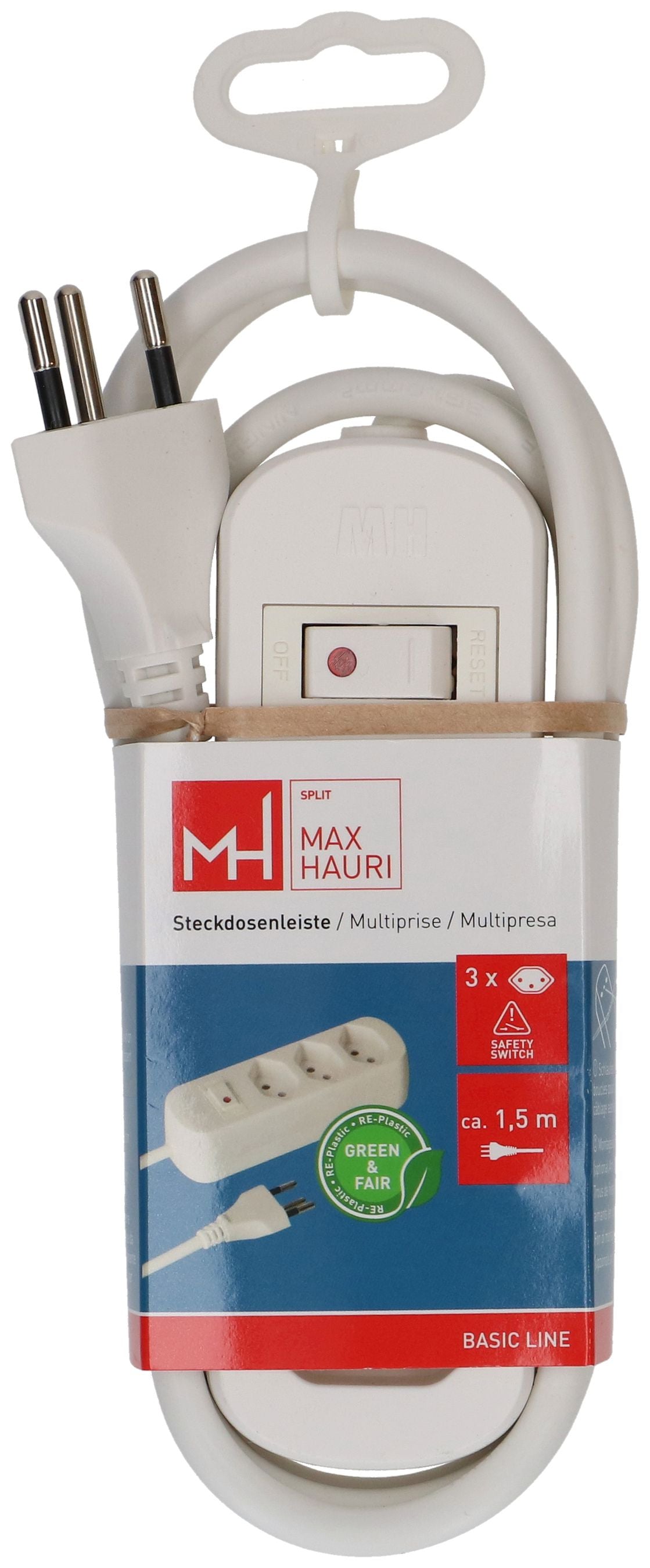 Max Hauri AG Max Hauri Basic Line Steckdosenleiste, 3×T13, mit Schalter, 1,5 m, Eingang T12, IP20 – weiss