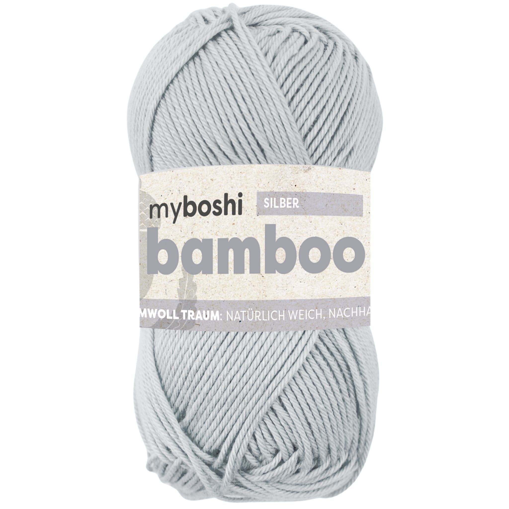 myBoshi Bambuswolle Silber – 50 g, 125 m, Nadel 4 mm, 60% Bambus/40% Baumwolle, 1 Stk.