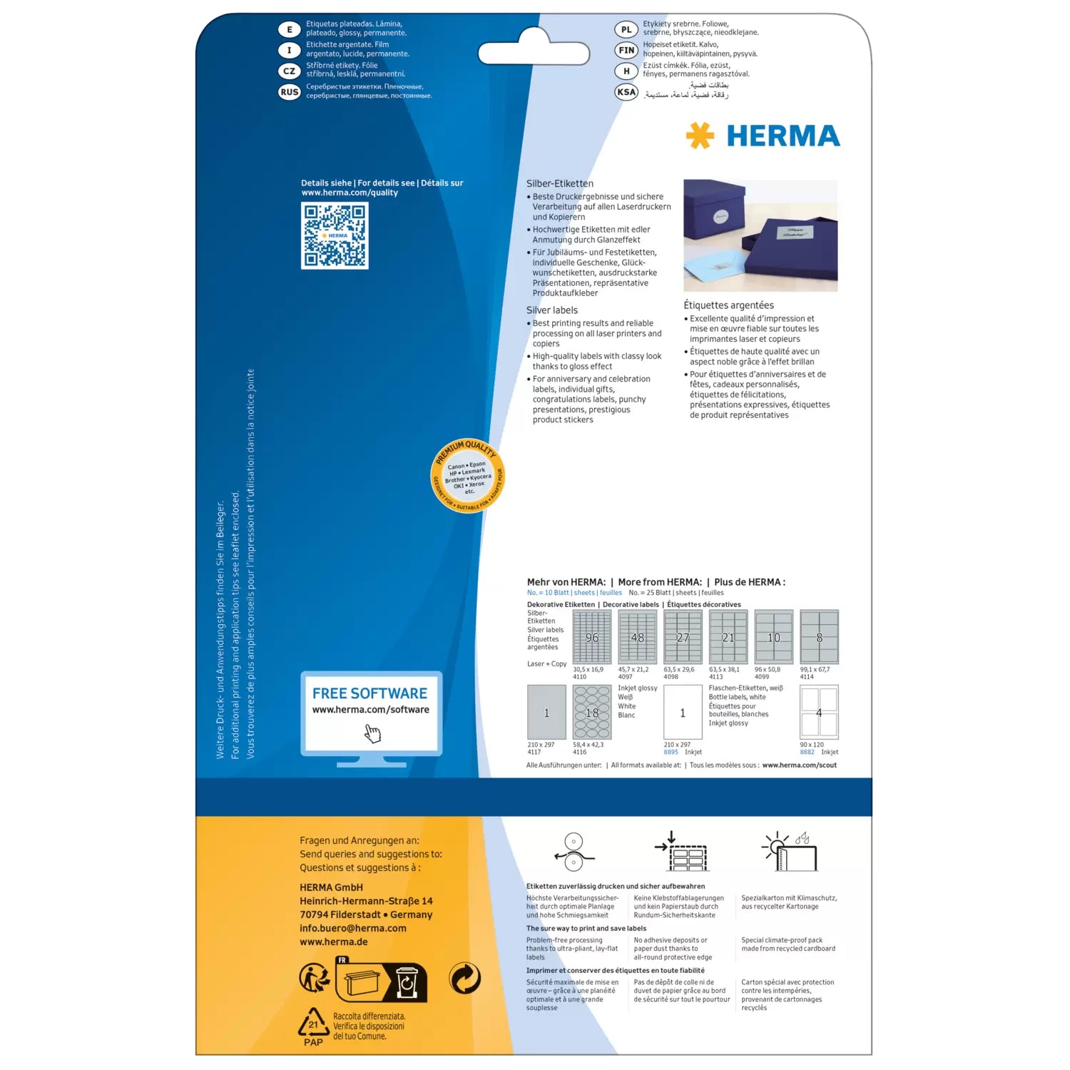 HERMA Druckeretiketten, 99 mm × 68 mm, silber, Folie, permanent, 25 Blatt (200 Etiketten)