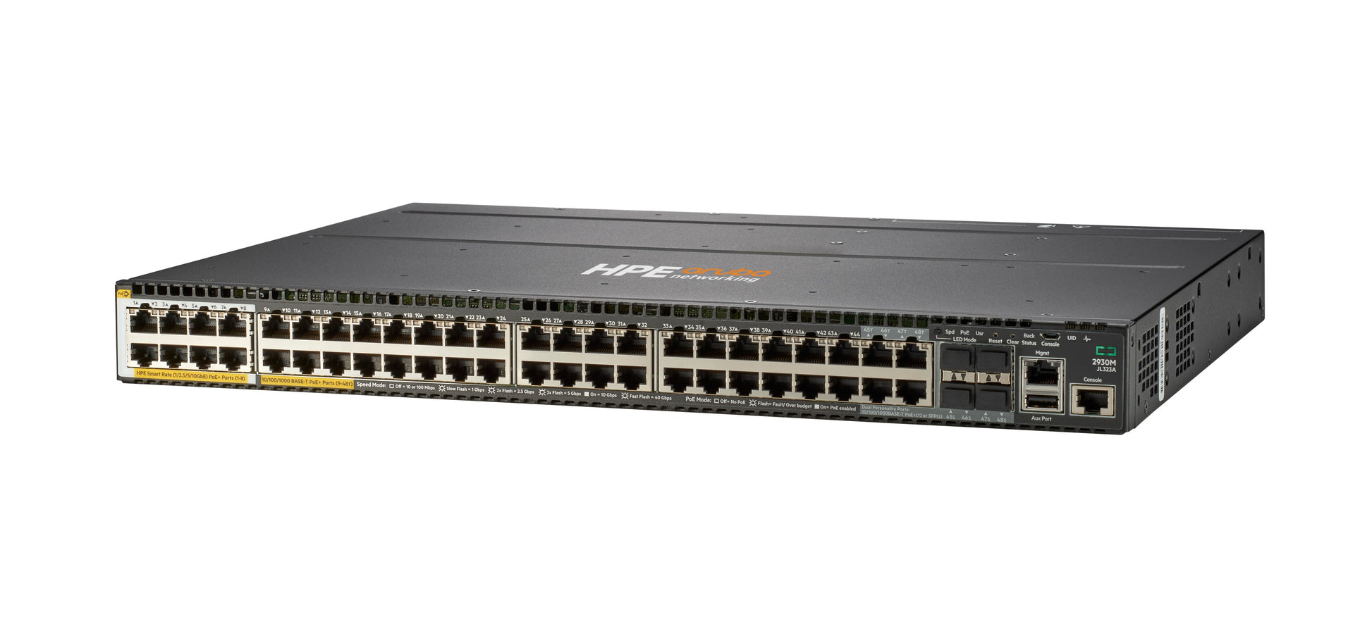 HPE Aruba 2930M – Managed Switch – 40×GbE, 4×SFP+, L3, PoE+ 1440 W, 1U