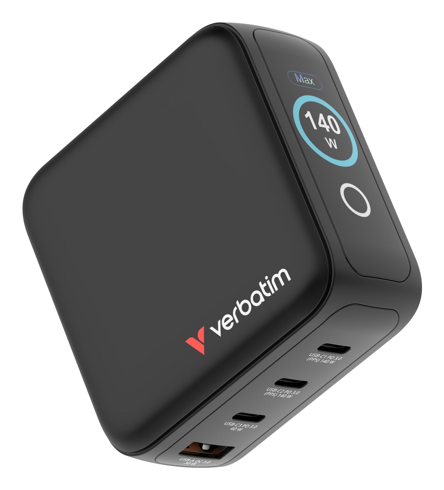 Verbatim 30240 USB-Desktop-Ladegerät 140 W – USB-C×3, USB-A×1 – PD 3.0, PPS, QC 3.0, GaN – EU/UK/US