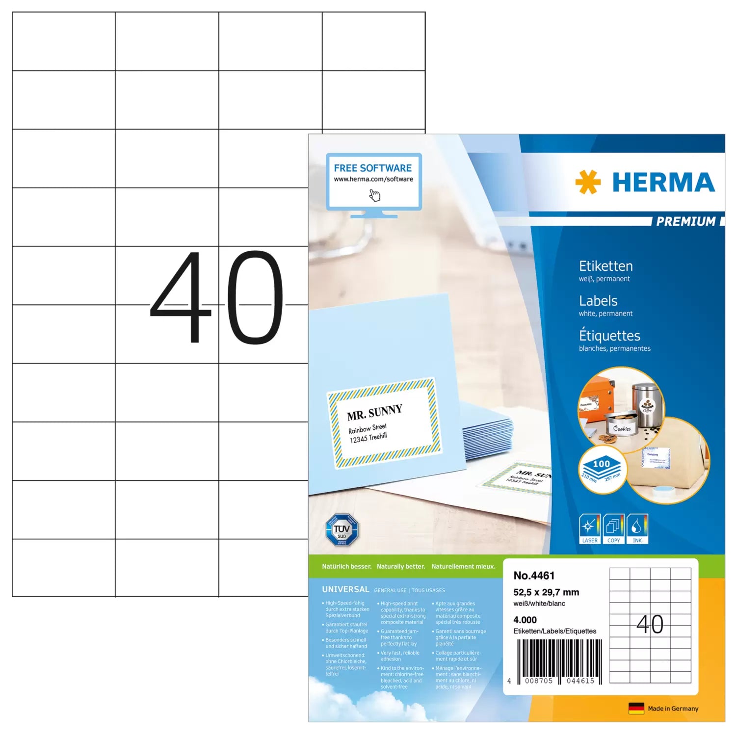 HERMA Druckeretiketten, 52,5 mm × 29,7 mm, weiss, Papier, permanent, 100 Blätter