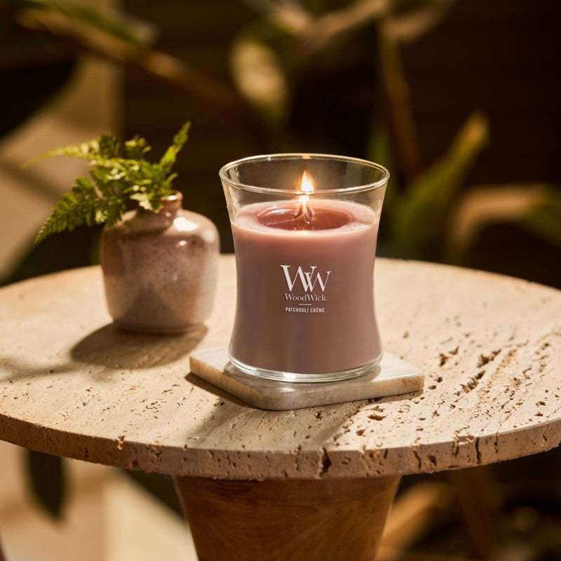 WoodWick Duftkerze Patchouli Creme, Sojawachs, sortiert, Ø 10 cm, 11 cm, parfümiert, 1 Stück
