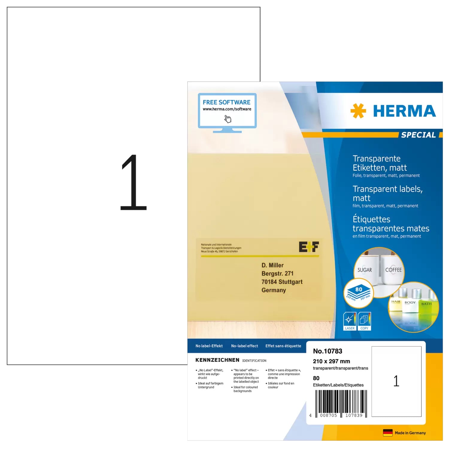 HERMA Folien-Etiketten, 210 mm × 297 mm, transparent, Polyesterfolie, selbstklebend, 80 Etiketten