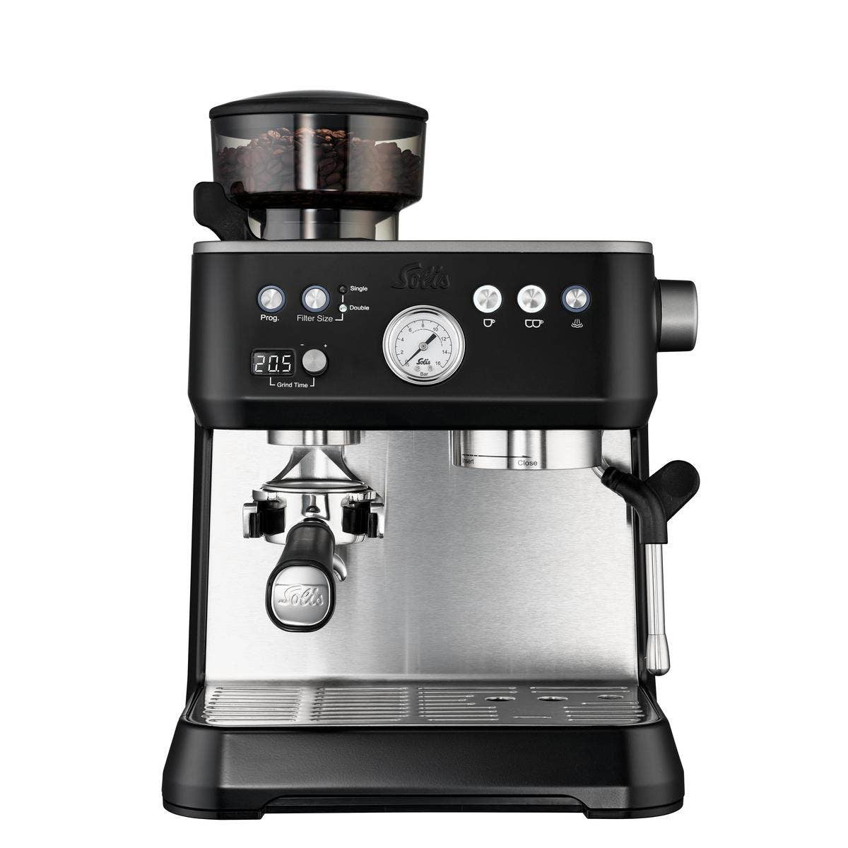 Solis Grind & Infuse Perfetta 980.69 Siebträgermaschine – 16 bar, 2,6 l, 250 g, mit Mahlwerk, Schwarz