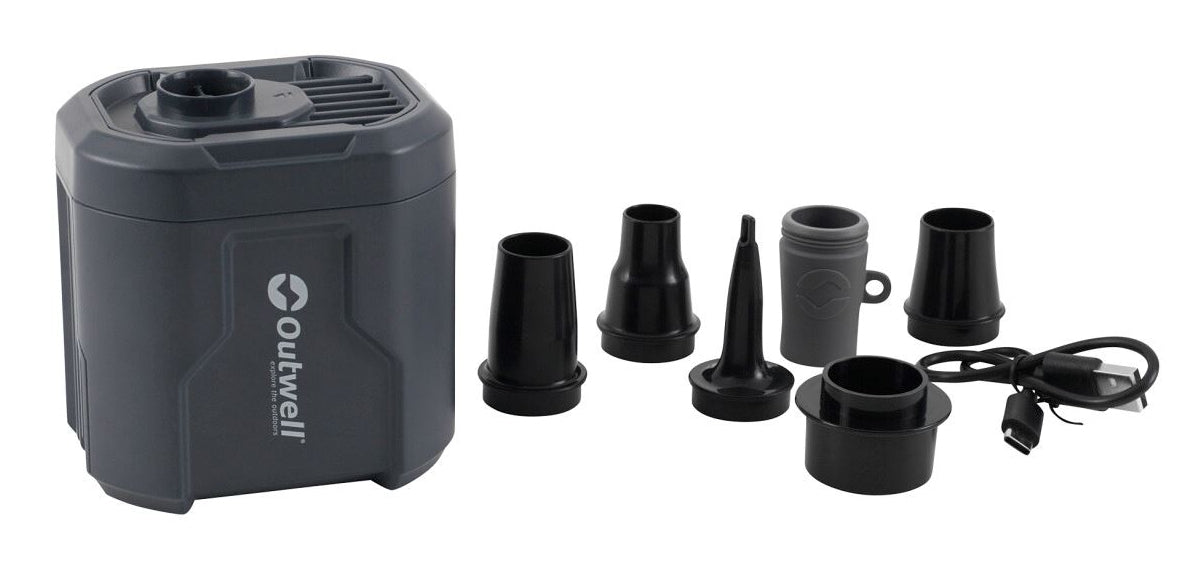 Outwell Mistral Akku-Luftpumpe – 46 W – 5 V, 1,3 Ah – 600 l/min – inkl. USB-C-Kabel, 5 Ventiladapter