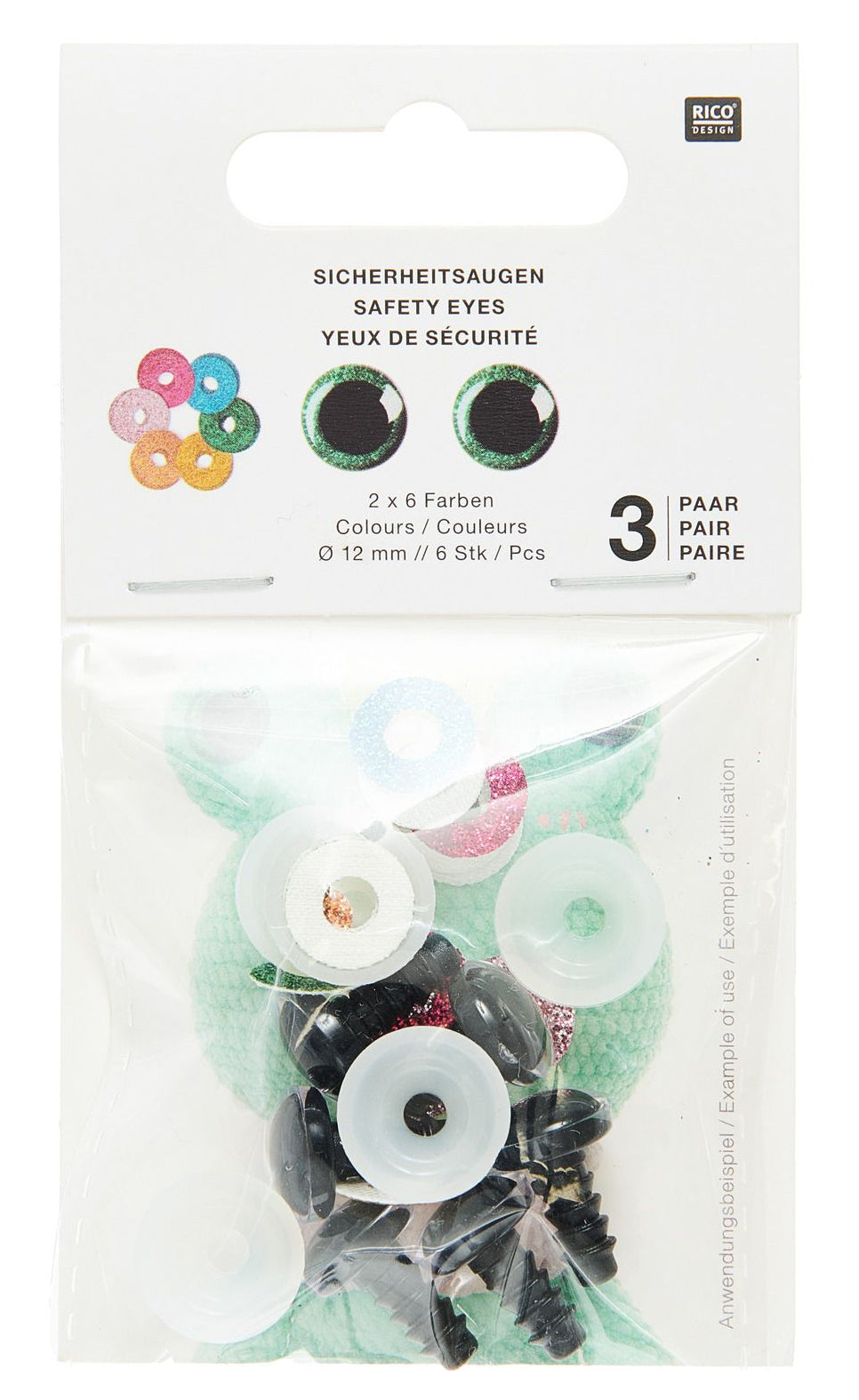 Rico Design Sicherheitsaugen, 12 mm, Karte 6 Stk, Gelb/Grün