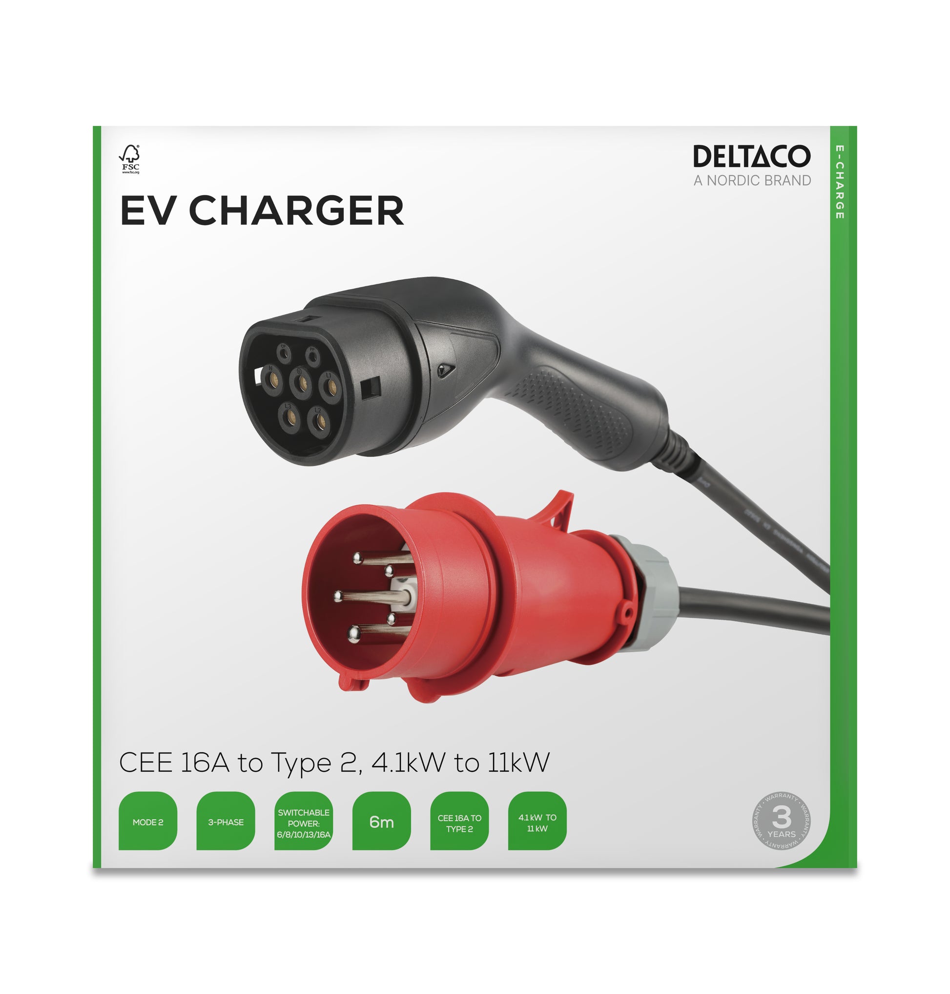 Deltaco Adapterkabel, CEE 16A–Typ 2, 6 m, IP66 – Schwarz