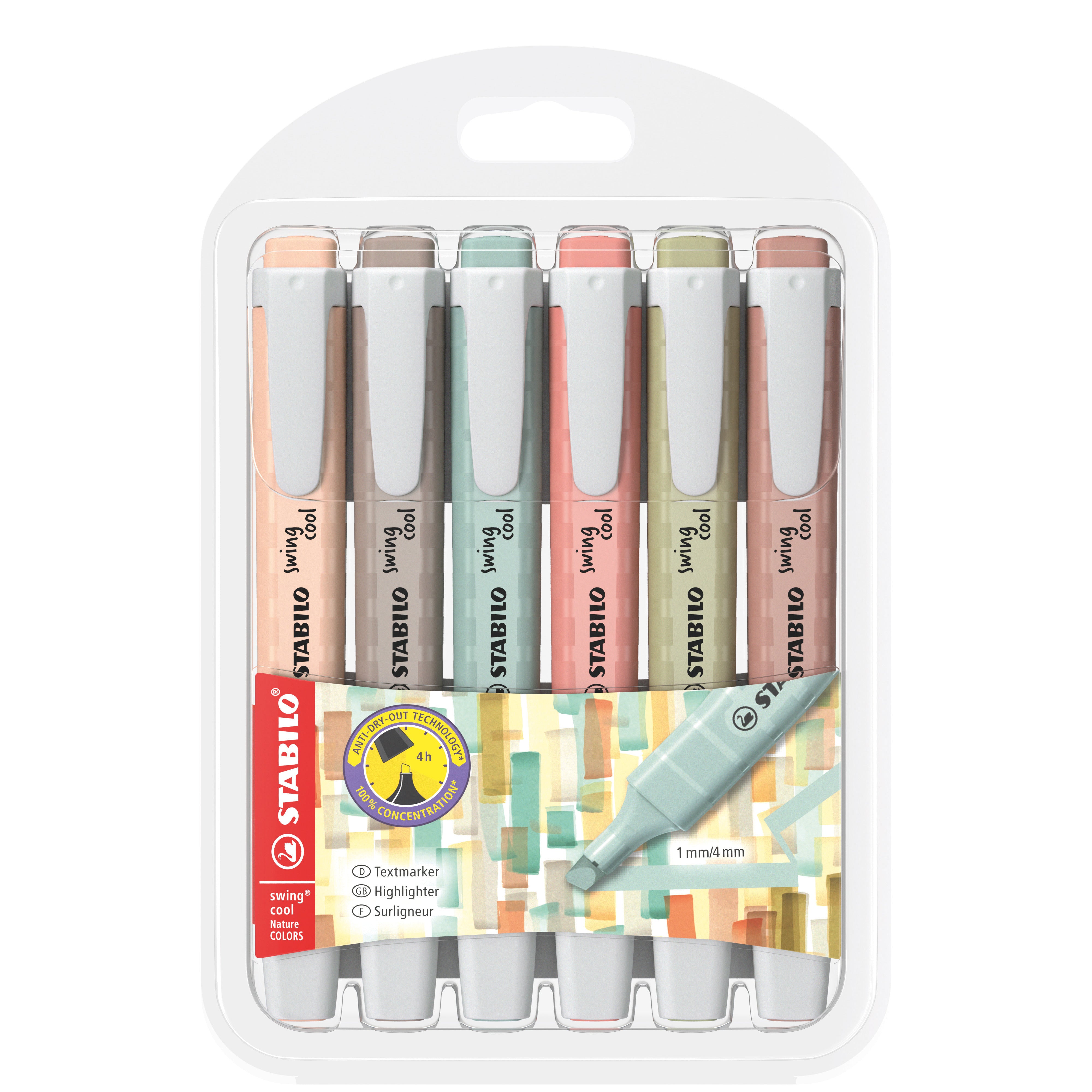 STABILO swing cool NatureCOLORS Textmarker – 6er Set, Farben sortiert, Keilspitze 1–4 mm