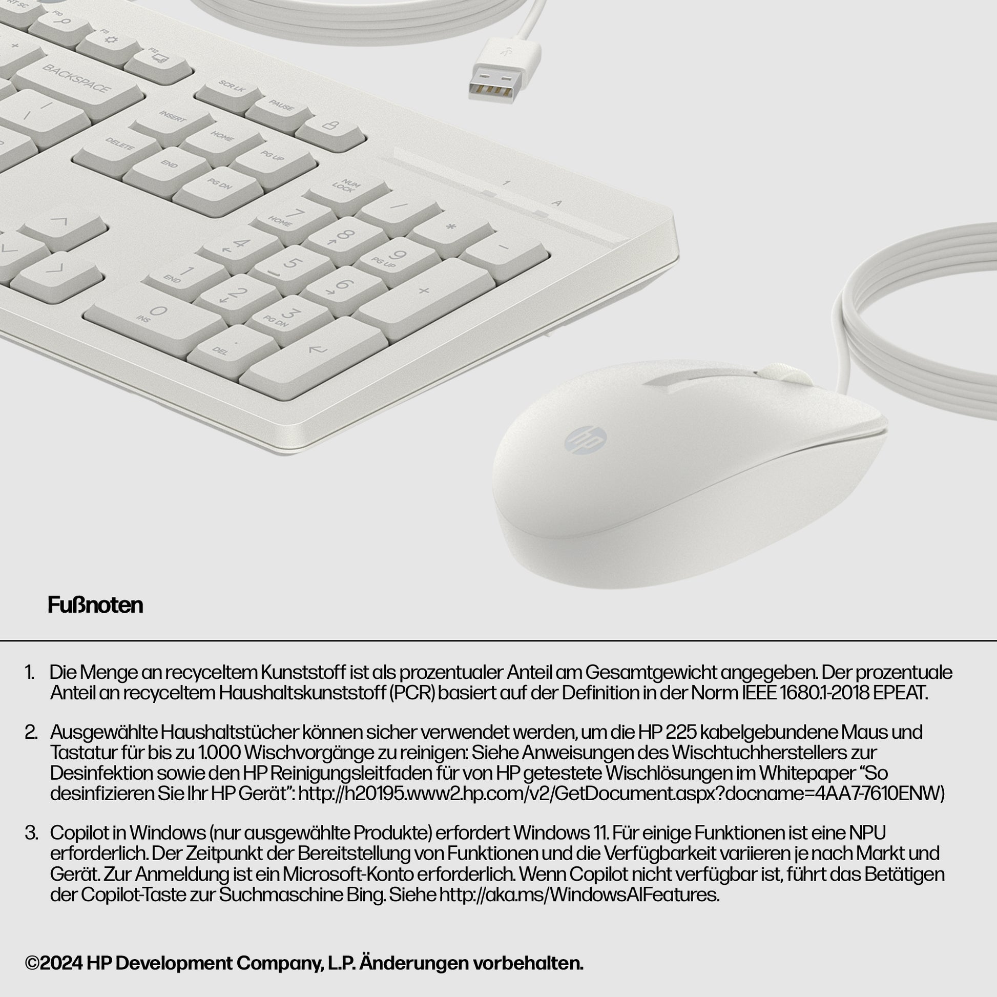 HP 225 – Tastatur- und Maus-Set – kabelgebunden, USB – Weiss