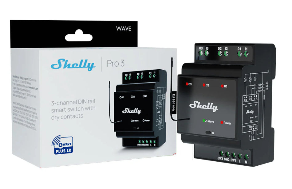 Shelly Wave Pro 3 EU LR – Smart-Hub/Bridge – Z-Wave, 3 Kanäle, 16 A pro Kanal, DIN-Schienen-Montage