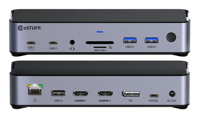 eSTUFF GLB232006 Dockingstation – USB-C, 1× DP, 2× HDMI, 3× USB-A, 2× USB-C, 100 W PD, GbE, SD/microSD