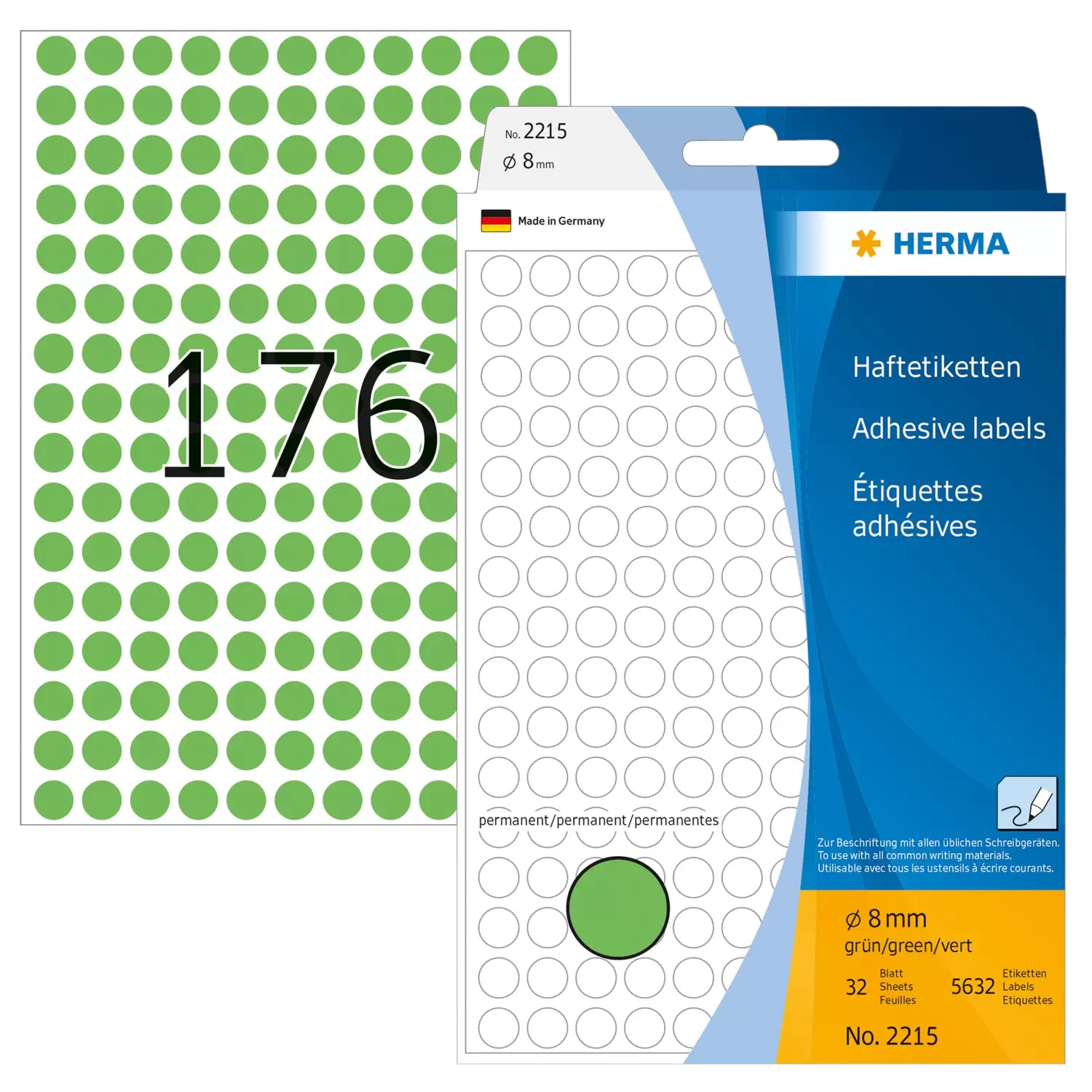 HERMA Haftetiketten – Ø 8 mm, permanent, grün, Bogen 111 × 170 mm, 32 Blätter (5'632 Stk.)