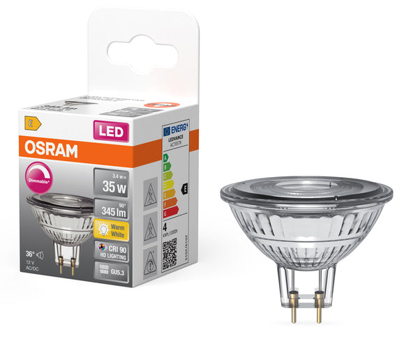 Osram LED-Reflektor MR16 GU5.3 – 3,4 W dimmbar, 345 lm, 2700 K warmweiss, transparentes Glas, für 12 V Niedervolt