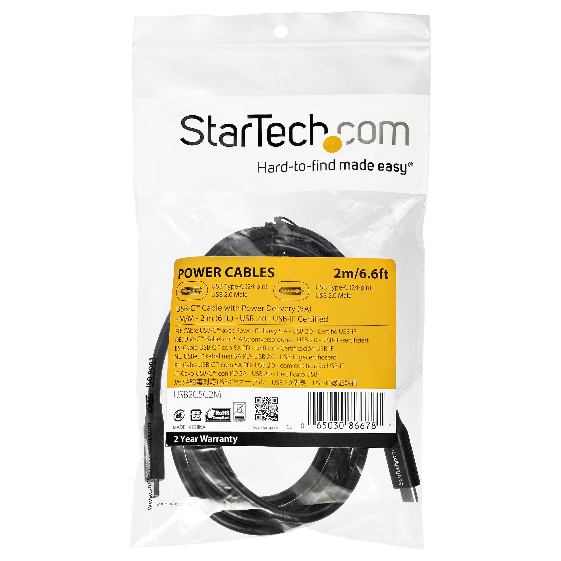 StarTech.com USB-C auf USB-C Kabel – USB 2.0 (480 Mbit/s) – 2 m – PD 100 W – USB-IF zertifiziert – Schwarz