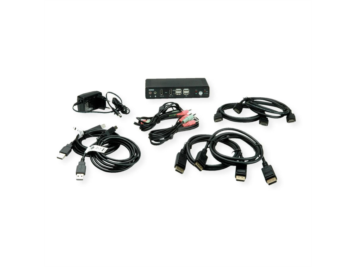 ROLINE 2-Port DP/HDMI Dual-View KVM-Switch – 4K/60 Hz, USB 2.0-Hub, Audio