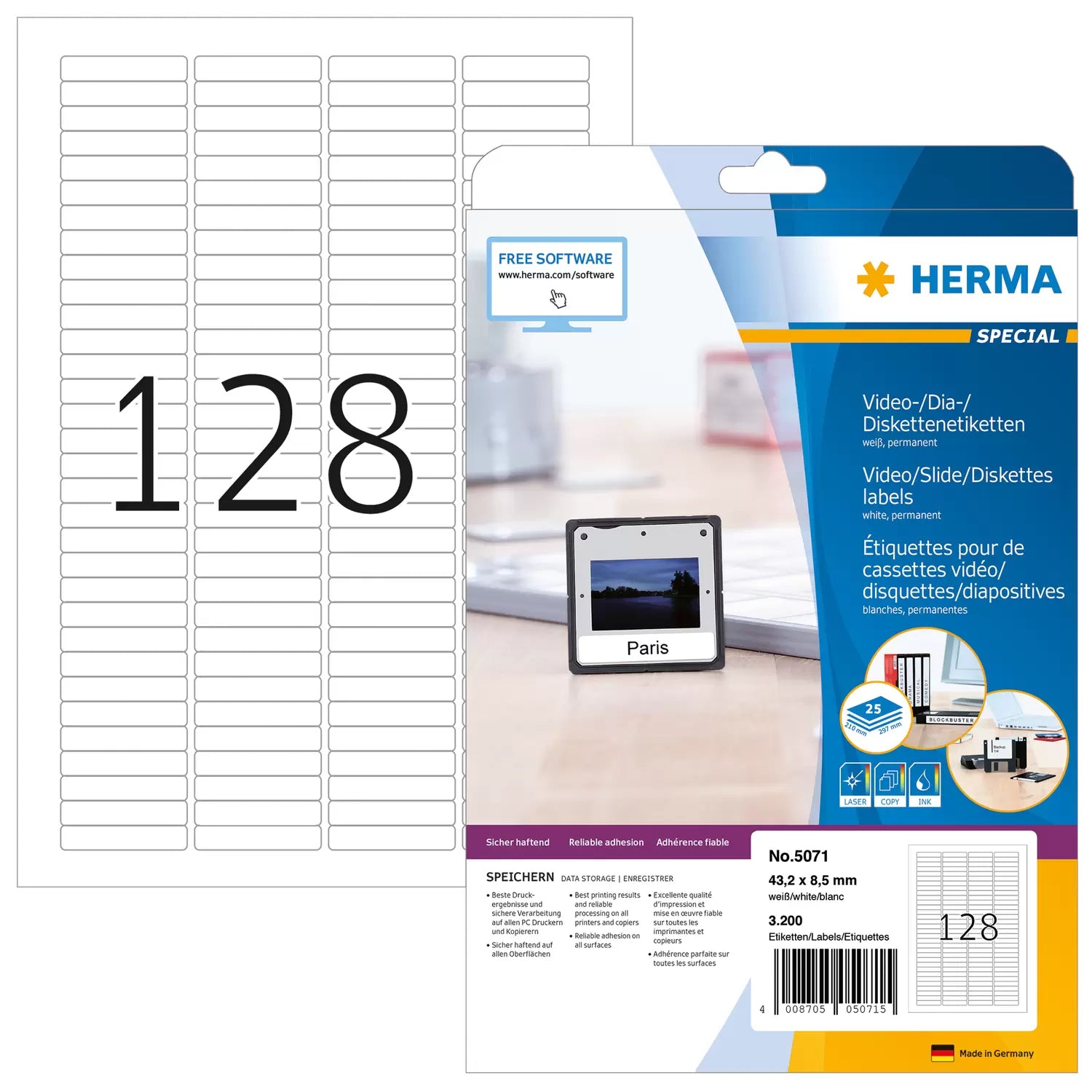 HERMA Druckeretiketten, 43,2 mm × 8,5 mm, weiss, Papier, permanent, 25 Blätter (3'200 Etiketten)