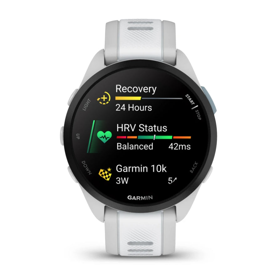 Garmin Forerunner 165 – GPS-Smartwatch – 43 mm, 1,2", GPS, AMOLED, 5 ATM, Hellgrau/Weiss, Sportarmband