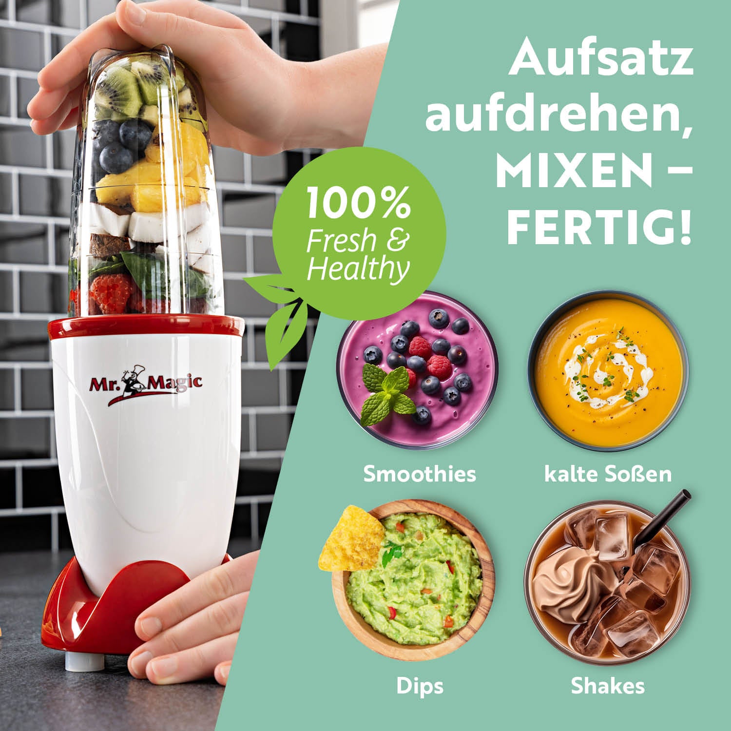 Gourmetmaxx Smoothie-Mixer Mr. Magic – 0,5 l, 250 W, spülmaschinenfest – rot/weiss