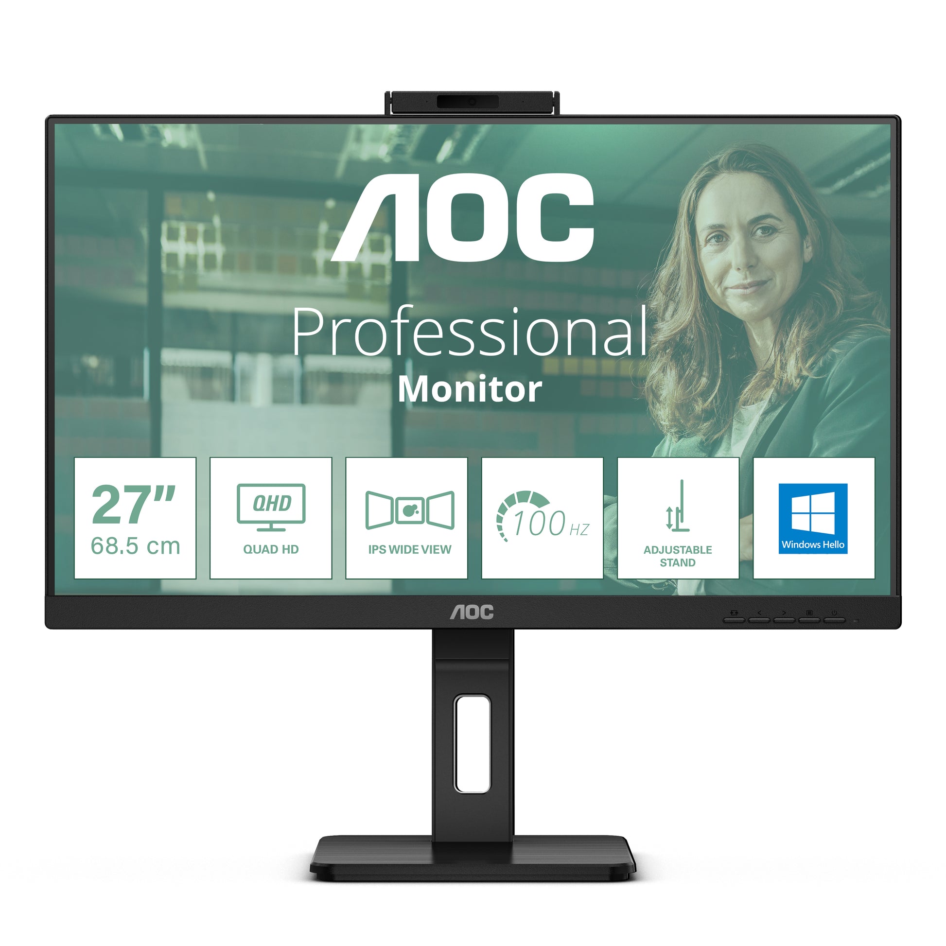 AOC Monitor, 27", IPS, 75 Hz, 350 cd/m², Webcam, USB-Hub, Integrierte Lautsprecher, VESA 100 × 100, Schwarz
