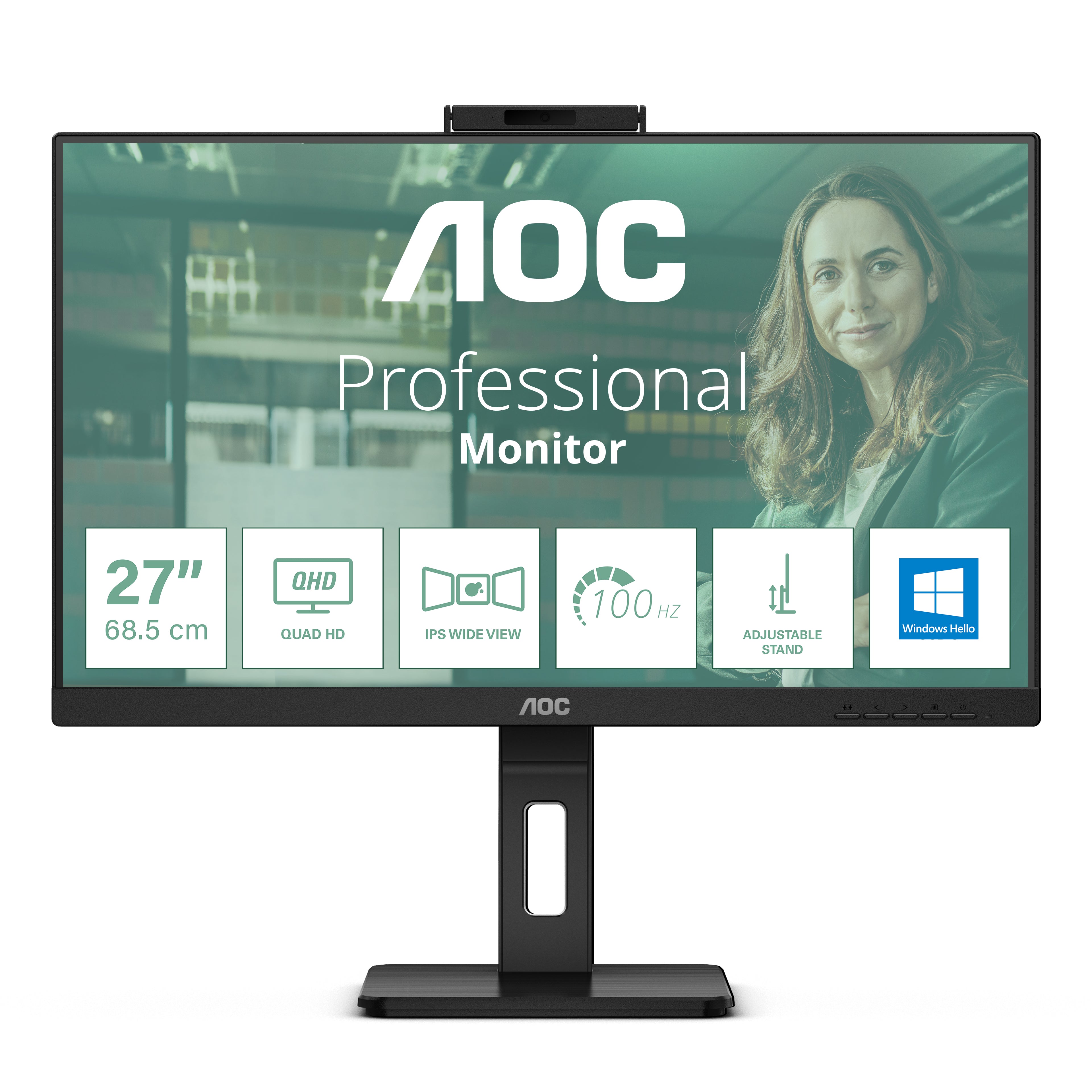 AOC Monitor, 27", IPS, 75 Hz, 350 cd/m², Webcam, USB-Hub, Integrierte Lautsprecher, VESA 100 × 100, Schwarz