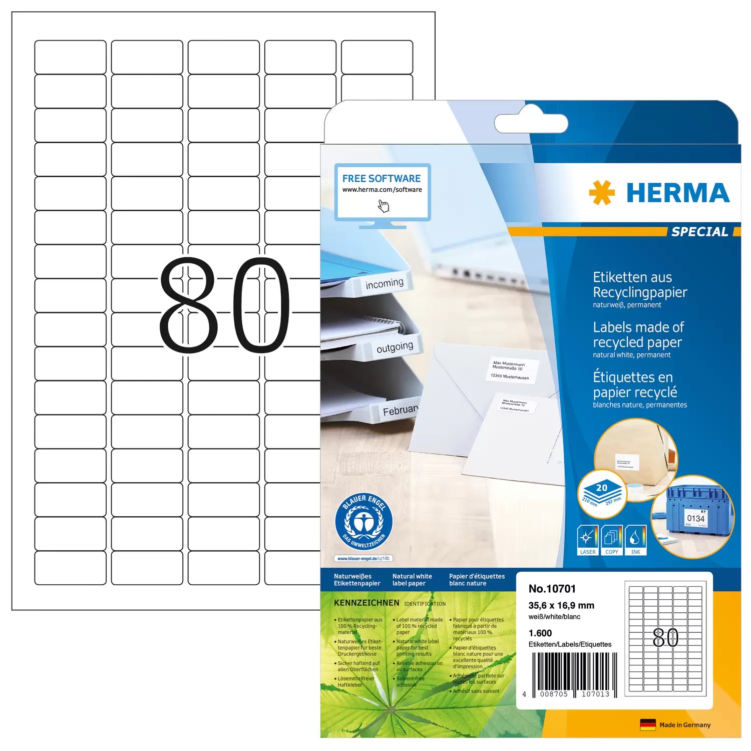 HERMA Etiketten, 36 mm × 17 mm, naturweiss, Altpapier, permanent, 20 Blatt (1600 Etiketten)