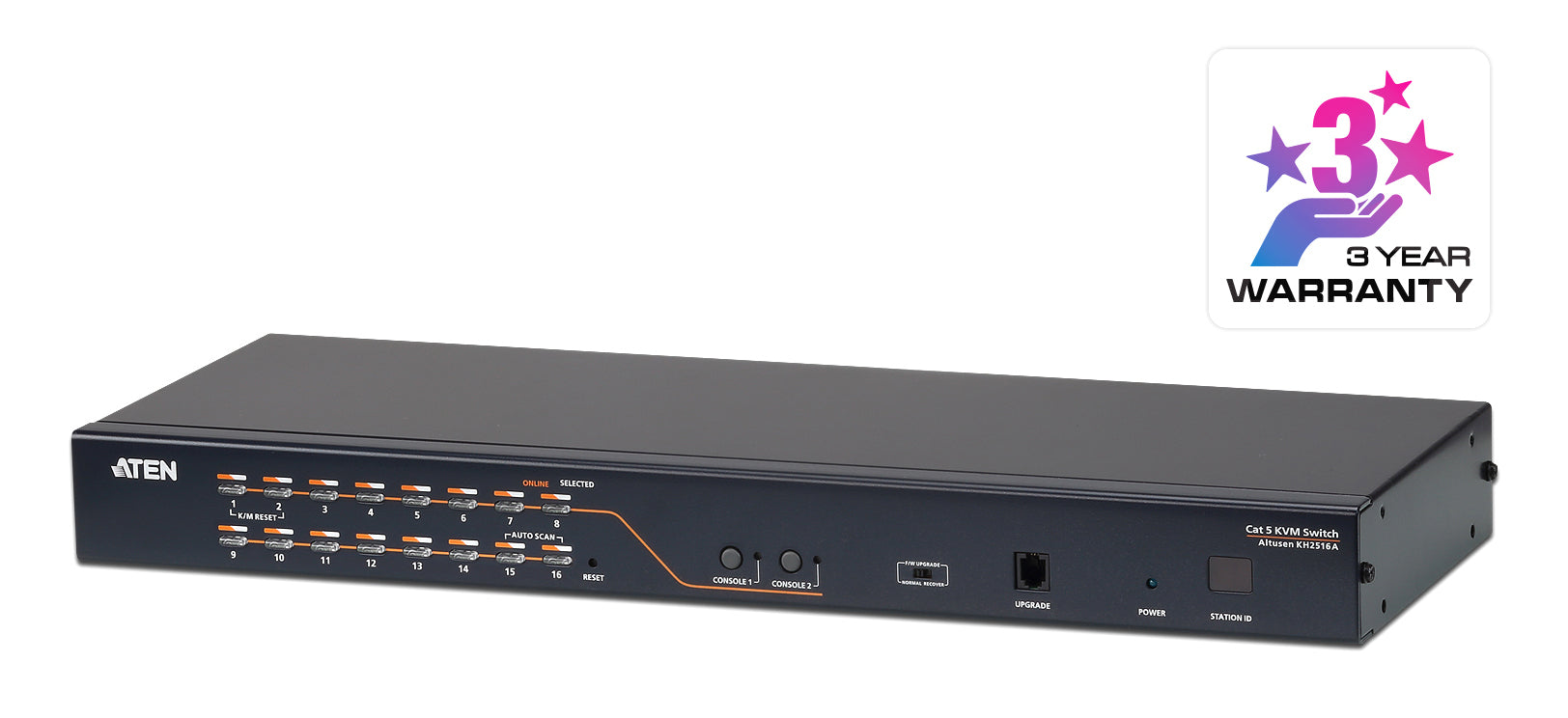 ATEN KH2516A – KVM-Switch Cat 5 – 16×RJ45, 2 Konsolen, DisplayPort/HDMI/DVI/VGA, Schwarz, 19" Rack