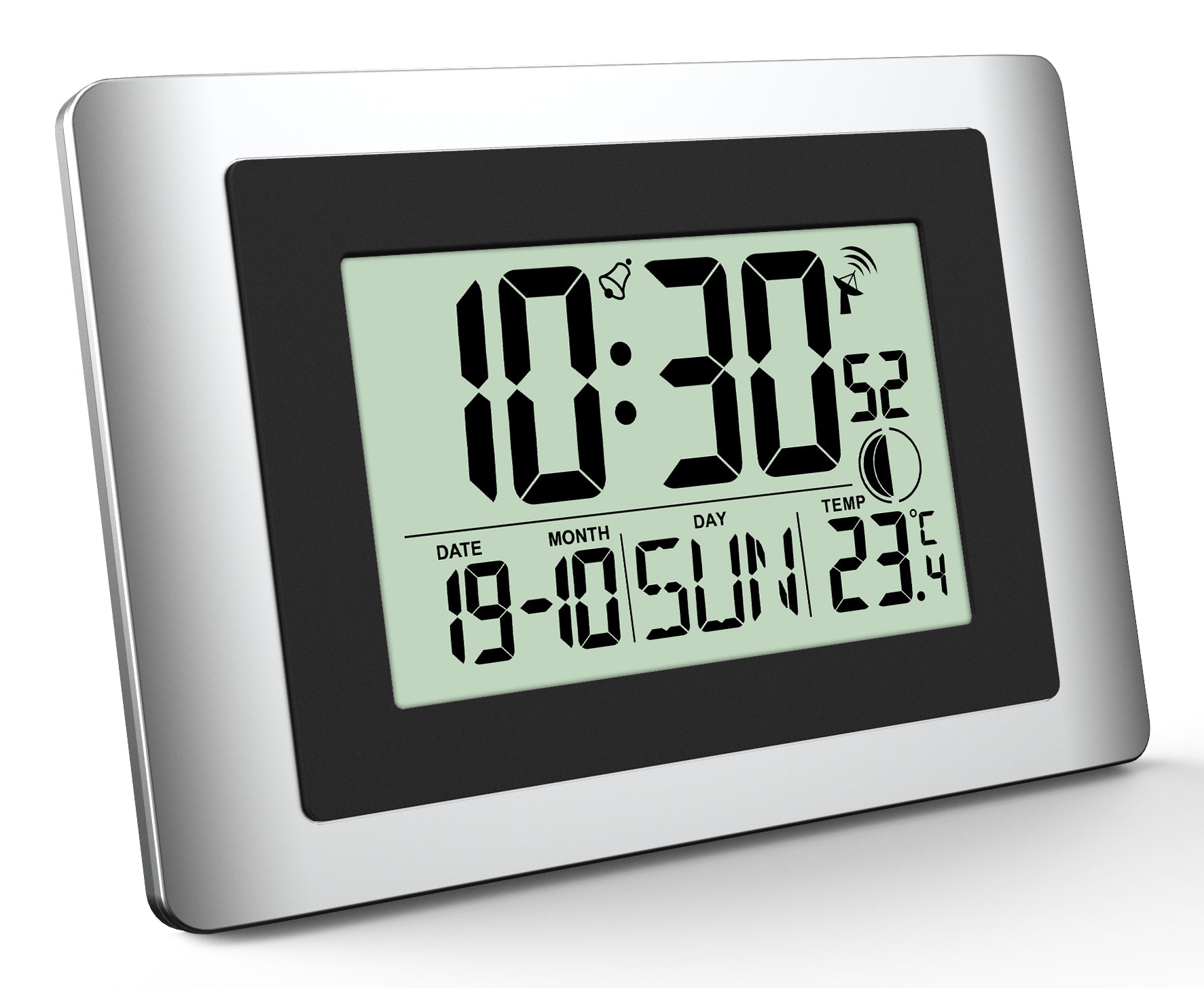 Technoline Wanduhr – Digital, Funk, Thermometer, 15 × 22 × 5,6 cm, Silber
