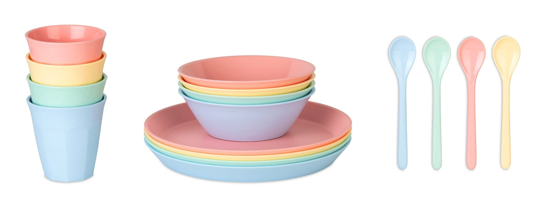 Koziol Geschirrset NORA MACARONS – 16-teiliges Set, Kunststoff (biozirkulär), Mehrfarbig, spülmaschinenfest