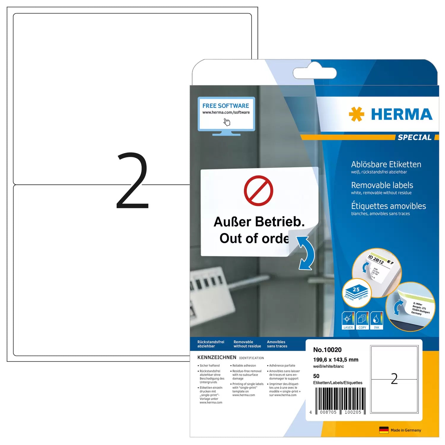 HERMA Etiketten auf Bogen, 200 mm × 144 mm, weiss, Papier, ablösbar, 25 Blätter (50 Etiketten)