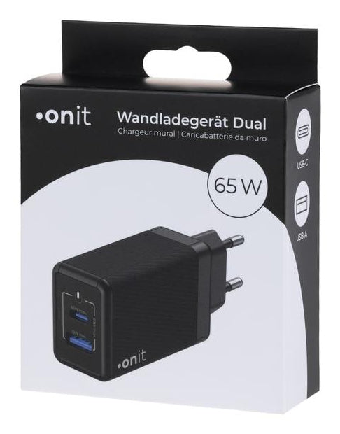 ONIT F01432 USB-Wandladegerät 65 W – USB-C×1, USB-A×1 – PD 3.1, PPS, GaN – EU-Stecker (Typ C) – Schwarz
