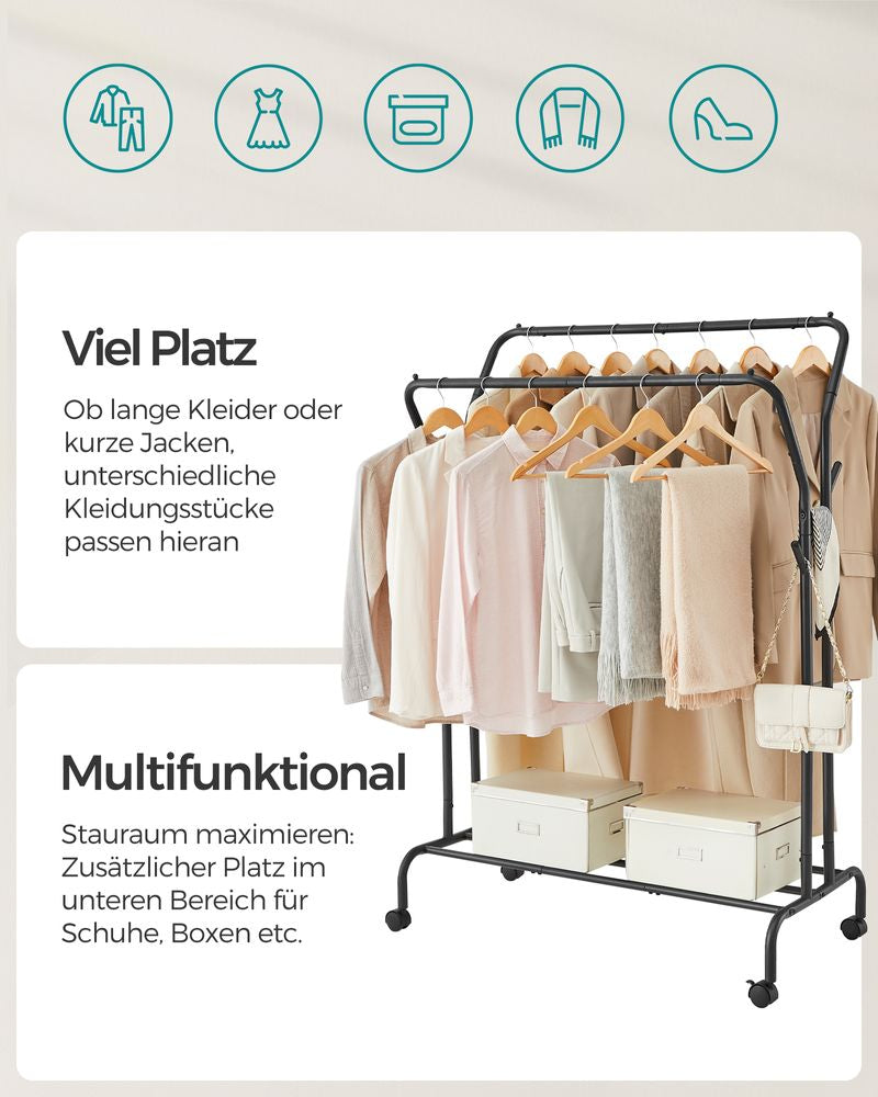Songmics HSR107B01 Garderobenständer – mit Rollen, 50 kg Tragkraft – Stahl – Schwarz – 1'550 mm