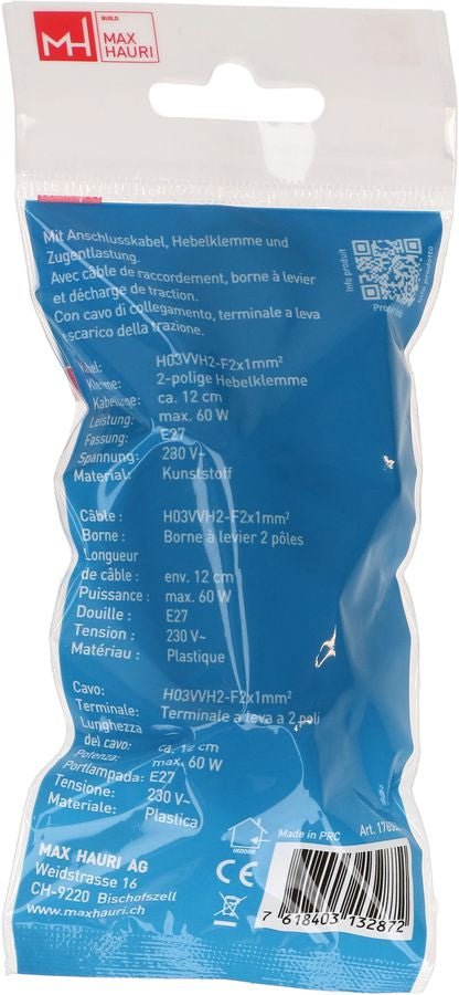 Max Hauri AG Max Hauri Fassung E27 – Kabel 0,12 m, Kunststoff, Schwarz, 60 W, 230 V – 1 Stk.
