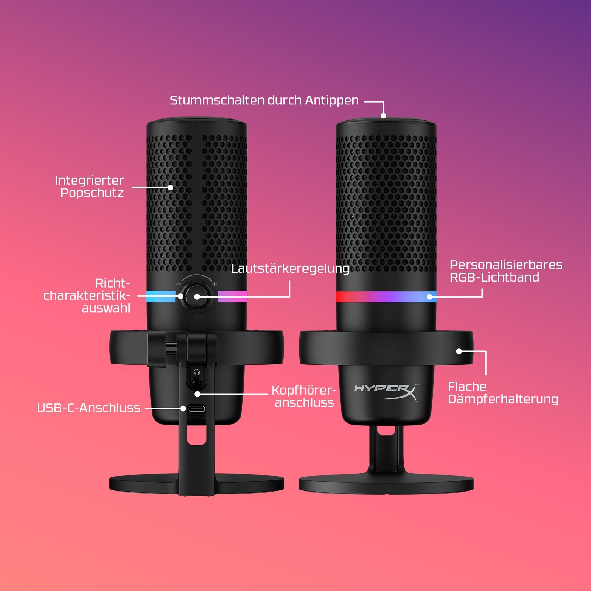 HyperX DuoCast – Tischmikrofon – USB, kabelgebunden, 24 Bit/96 kHz, für PC/Mac/PlayStation, Schwarz