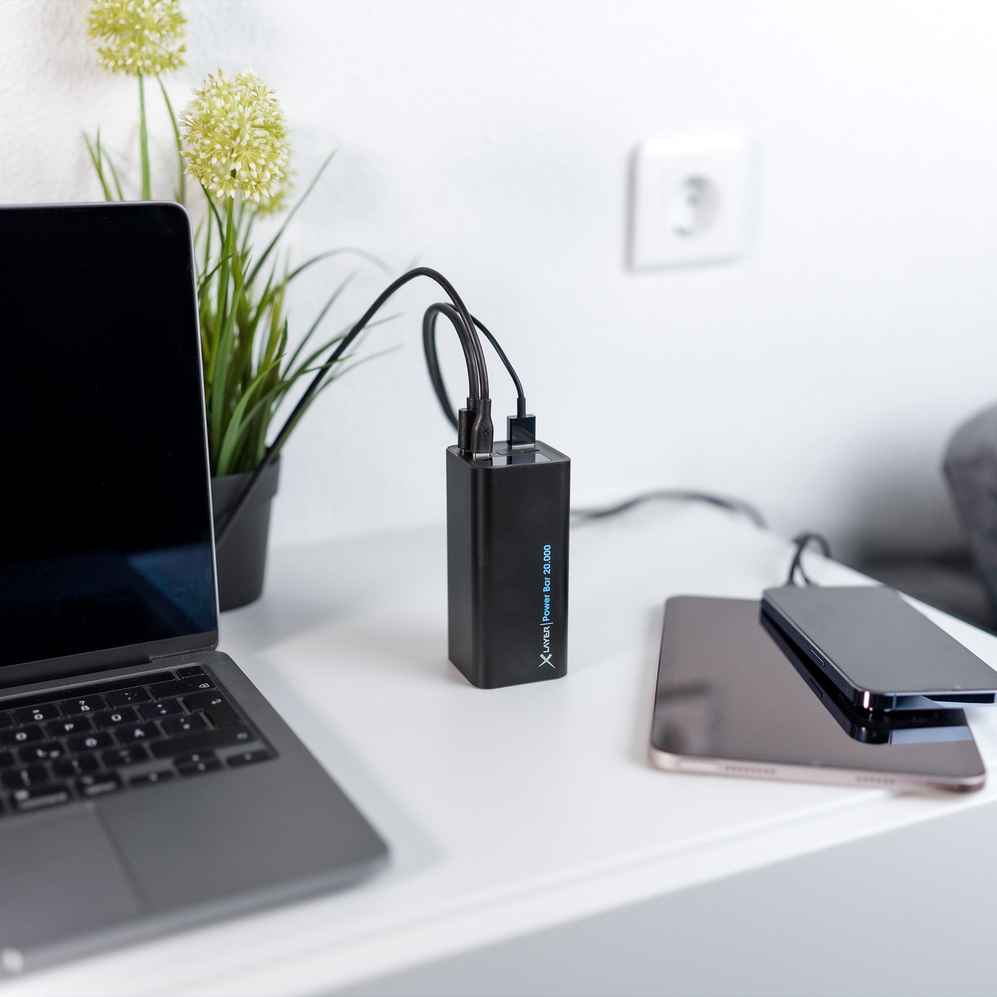 Xlayer Powerbank 20'000 mAh – 65 W PD, 2× USB-C, 2× USB-A, schwarz