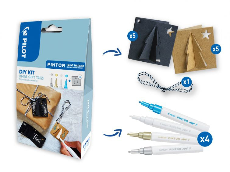Pilot Bastelset Geschenkanhänger Tannenbaum – 4 Pigmentmarker, 5 Kraftpapiervorlagen – 180 × 105 × 40 mm