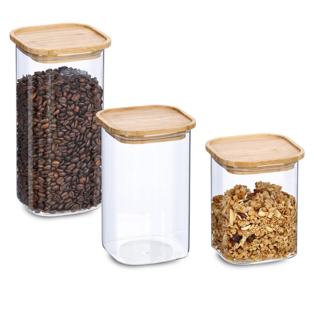 Zeller Present Vorratsdose 1,3 l, 10,7 × 10,7 × 18 cm, Glas/Bambus/Silikon, Transparent/Braun