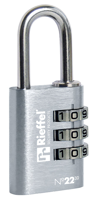 Rieffel Kombinationsschloss – 3-stellig, Aluminium, Bügelhöhe 27,5 mm, Schäkeldurchmesser Ø5,1 mm, 12 Stk., Si
