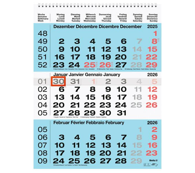 Biella 3-Monats-Kalender – 3 Monate pro Blatt – 2026 – Datumsschieber – 31 × 40 cm